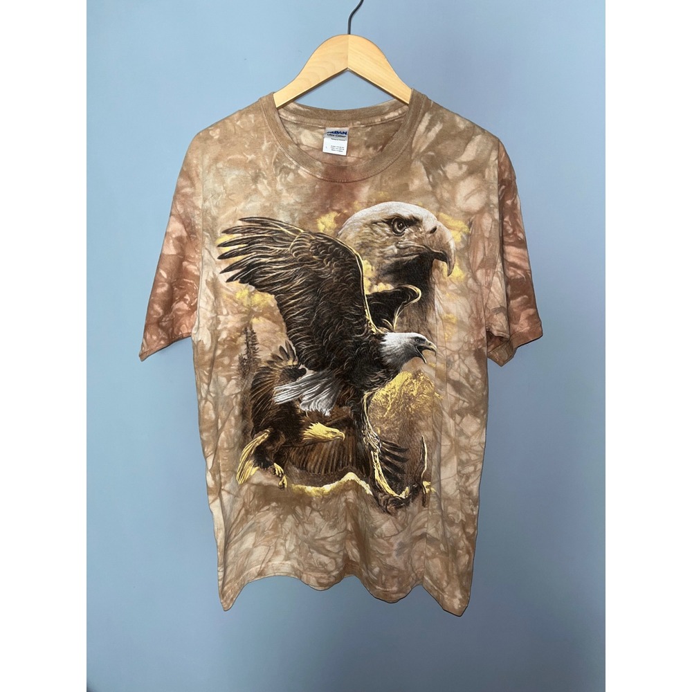 Vintage Gildan Brown Tie-Dye Eagle Graphic Short Sleeve Tee with Yellow Accents